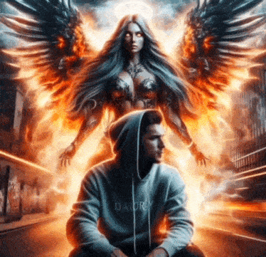 a man wearing a hoodie that says da ury sits in front of a woman with wings