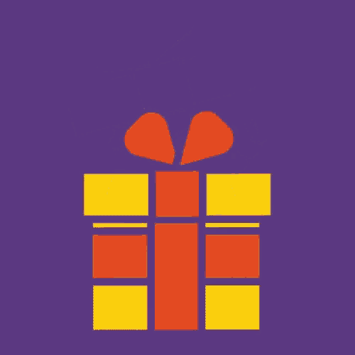 a purple background with a yellow and orange gift box with a pig coming out of it