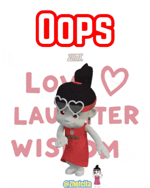 a cartoon girl is wearing a red headband that says oops love laughter wisdom