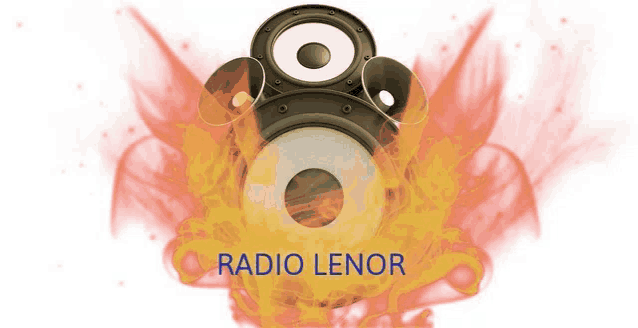 a logo for radio lenor with a speaker and flames in the background