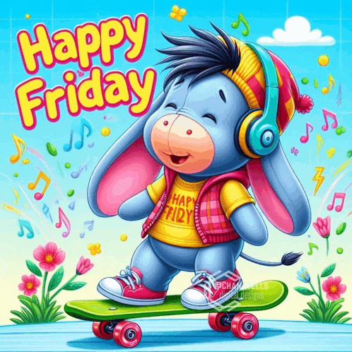 a donkey wearing headphones is riding a skateboard with the words happy friday behind him