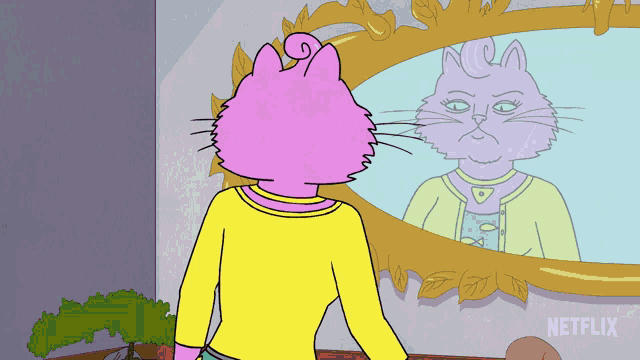 a cartoon of a pink cat looking at her reflection in a mirror with netflix written below it
