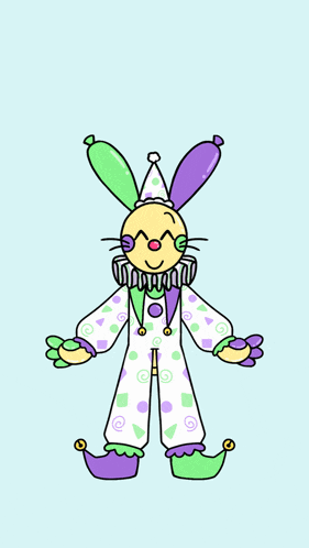 a cartoon drawing of a bunny in a clown outfit