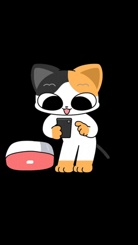 a cartoon calico cat is holding a cell phone in its paws