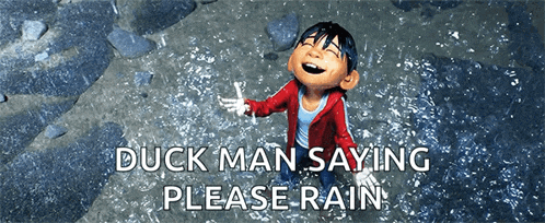 duck man saying please rain with a cartoon boy