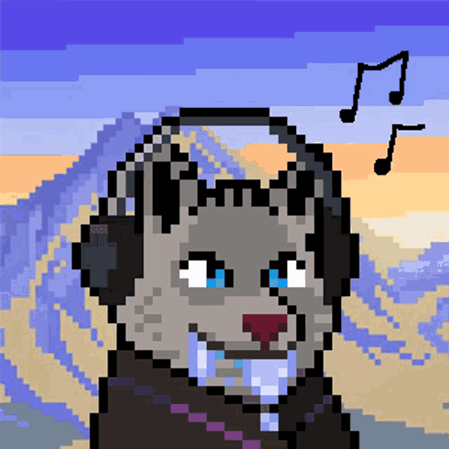 a pixel art of a cat wearing headphones with music notes above it