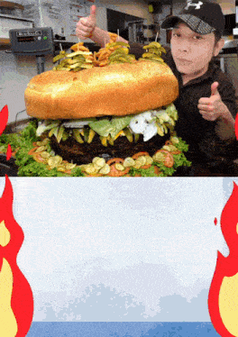 a man giving a thumbs up next to a giant hamburger and a microsonic scale