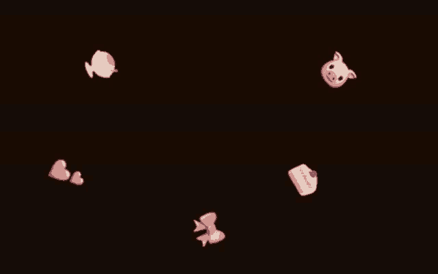 a fish a pig and a bow are floating on a black background