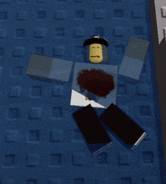 a roblox character with a bloody chest is laying on the floor