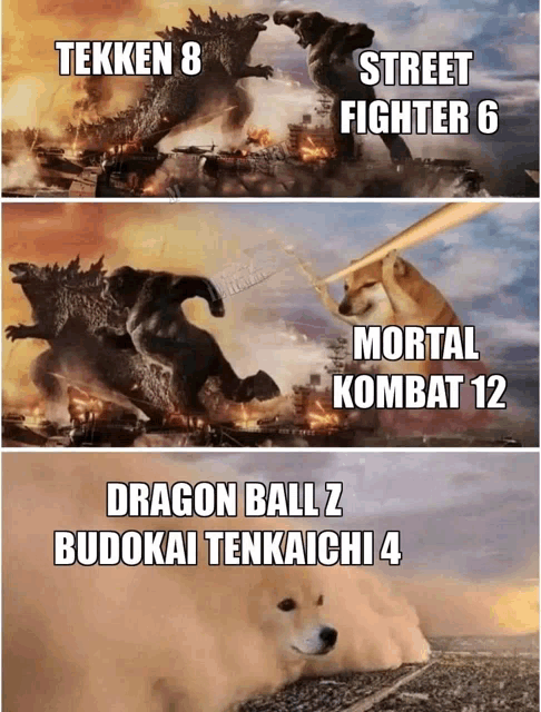 a dog is laying on the ground in front of a picture of a monster and the words tekken 8 street fighter 6 mortal kombat 12