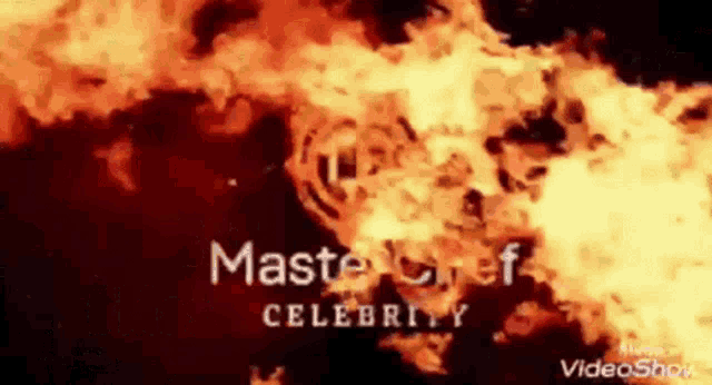 a master chef celebrity logo is surrounded by fire