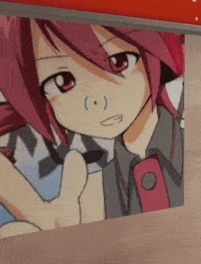 a drawing of a girl with pink hair and a thumbs up sign