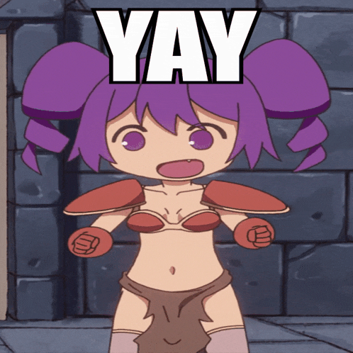 a cartoon of a girl with purple hair and the word yay