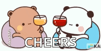 two panda bears are sitting next to each other holding wine glasses and cheering .