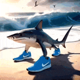 a shark is wearing a pair of blue nike sneakers