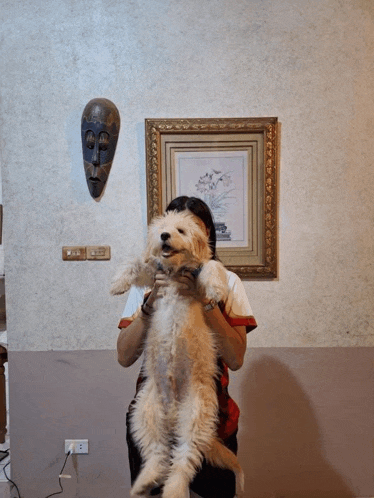 a woman is holding a small white dog in front of a painting
