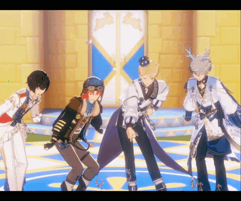 a group of anime characters are dancing in front of a yellow door