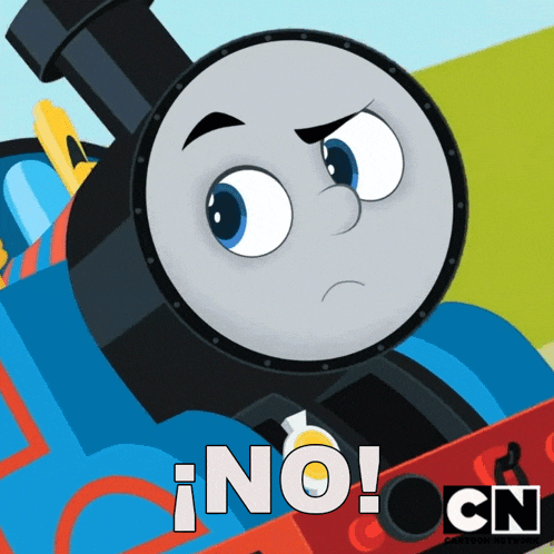 a cartoon of thomas the tank engine with the words no on the bottom