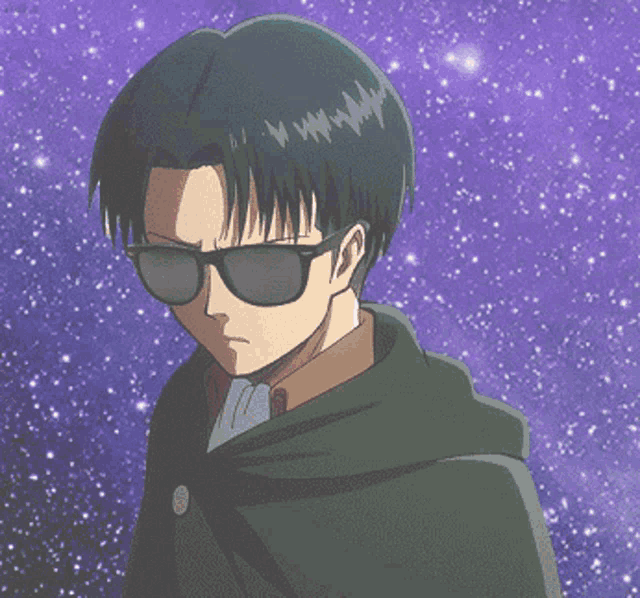 a man wearing sunglasses stands in front of a galaxy background