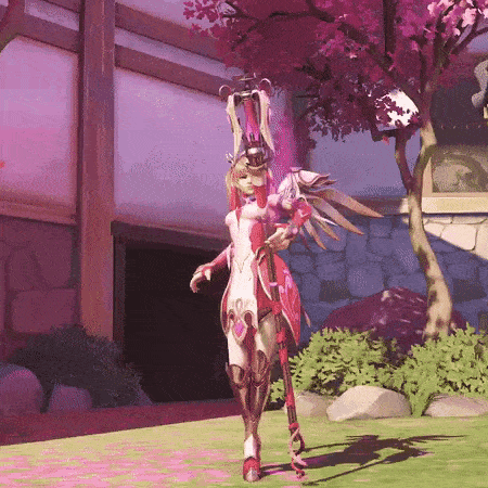 a video game character is standing in front of a cherry blossom tree in a park .