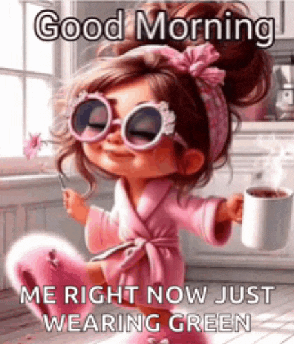 a little girl in a pink robe is holding a cup of coffee .