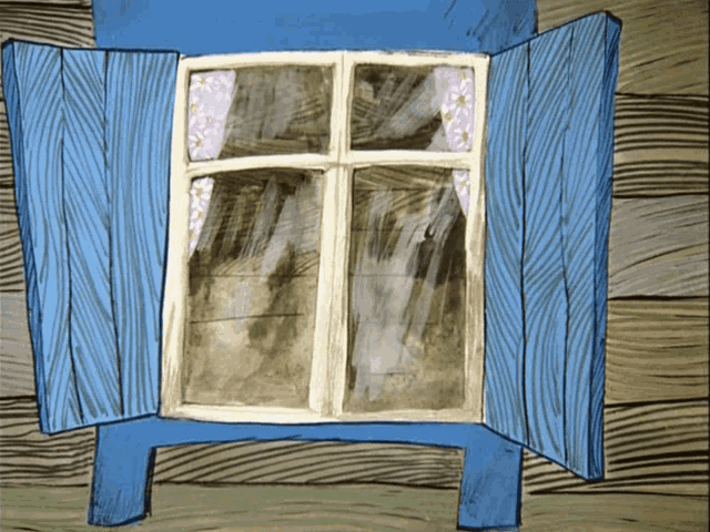 a drawing of a window with blue shutters on a wooden wall