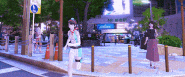 a woman walking down a sidewalk in front of a building that says nb on it