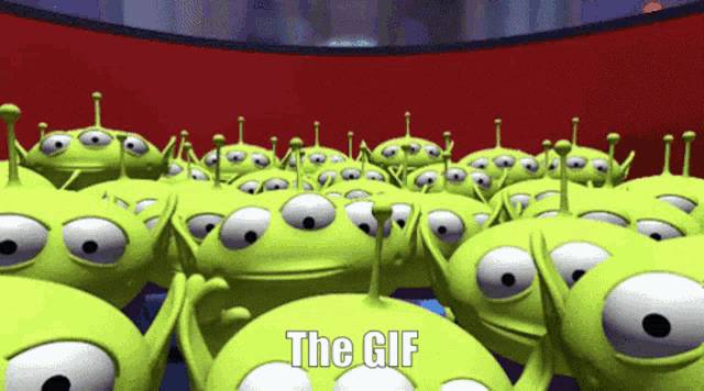a bunch of green aliens from toy story with the gif written on the bottom