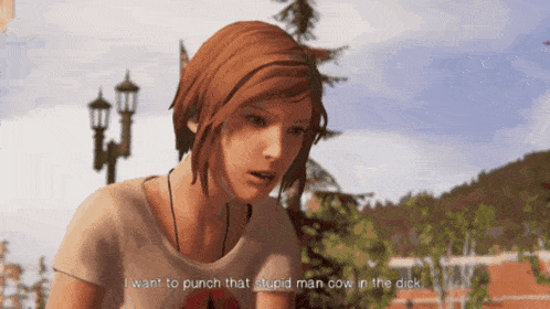 a woman in a video game says i want to punch that stupid man cow in the dick
