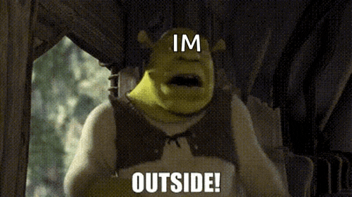shrek from the movie shrek is looking out a window and saying im outside