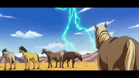 a group of horses standing in the desert watching a lightning storm