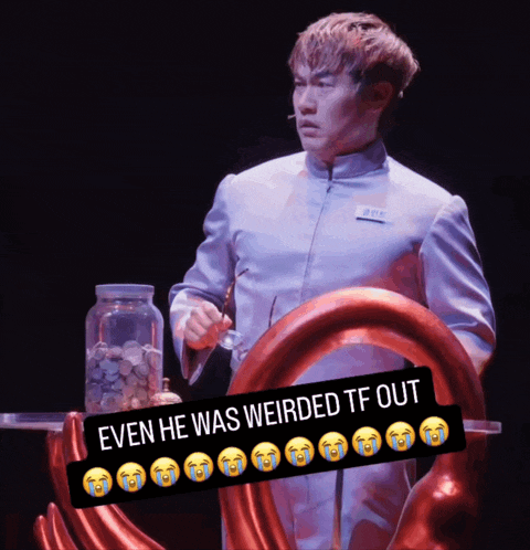 a man standing in front of a jar of coins with the caption even he was weirded tf out