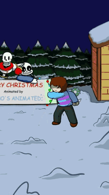 a cartoon of sans and papyrus holding a sign that says merry christmas