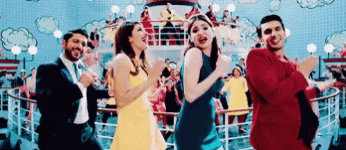 a group of people are dancing on a boat in a room .