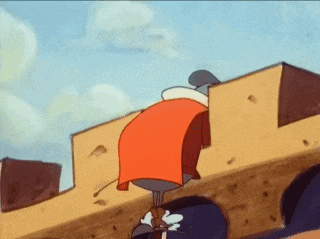a cartoon character is standing on a bridge with a red cape .