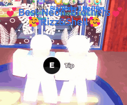 a couple of white characters are standing next to each other in front of a window with the words best neon brothers written on it
