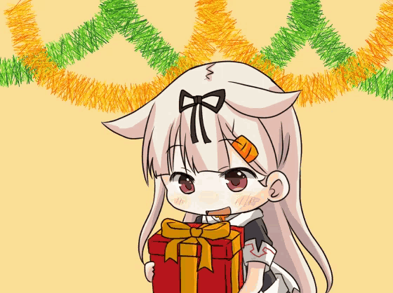 a cartoon of a girl holding a red gift box with a bow