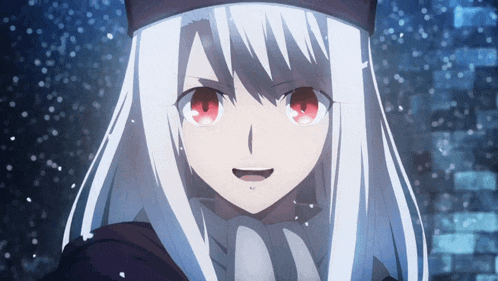 a girl with white hair and red eyes is wearing a hat