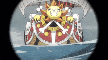 a cartoon of a ship with a sun on the front