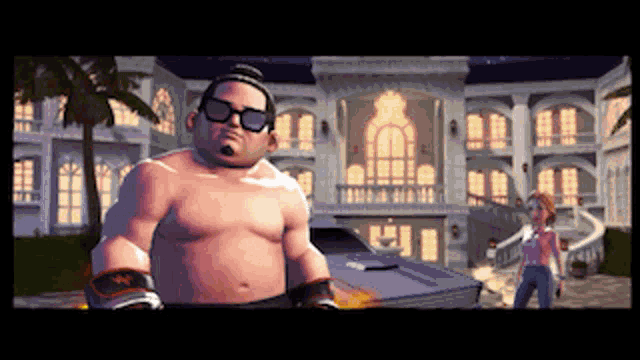 a man without a shirt is in front of a large building