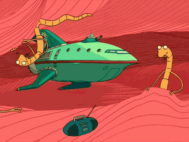 a cartoon drawing of a spaceship with worms coming out of it