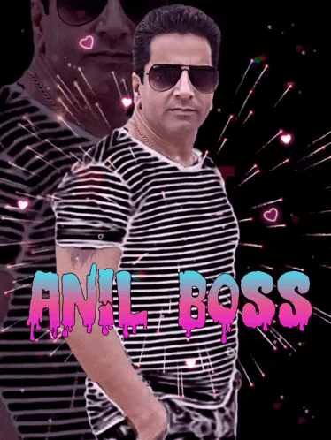 a man wearing sunglasses and a striped shirt with anil boss written in pink