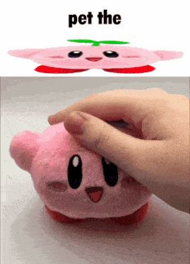 a person is petting a pink kirby stuffed animal with the caption pet the