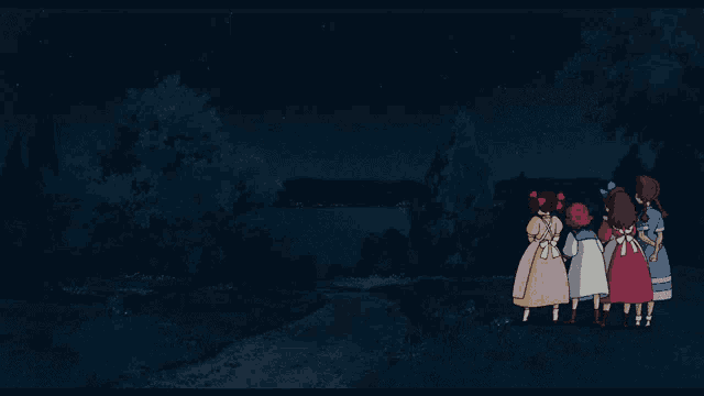 a group of girls are standing in a line looking at the night sky