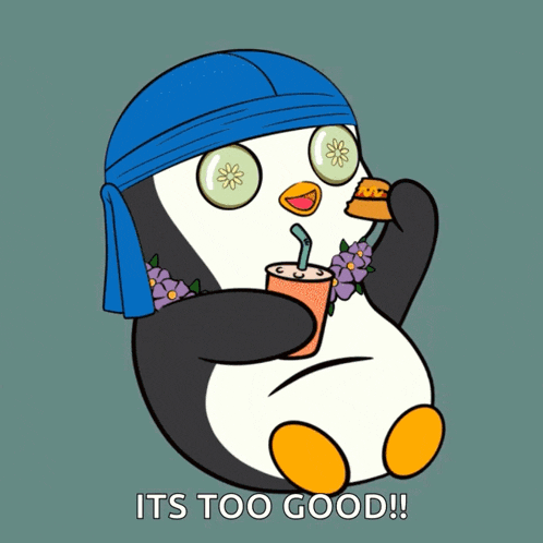 a penguin with cucumber slices on its eyes is drinking a drink with a straw