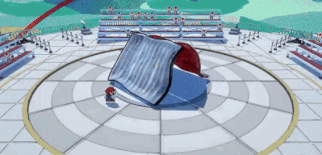 a cartoon character is standing in a circle with a red hat on