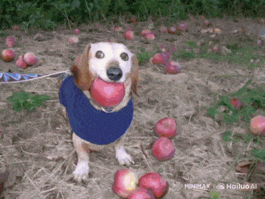 a dog is holding an apple in its mouth in a field