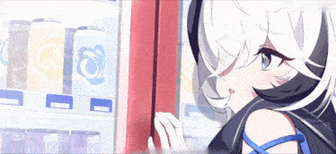 a girl with white hair is standing in front of a vending machine that says ' coca cola ' on it