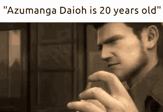a picture of a man with the words " azumanga daioh is 20 years old " on the bottom
