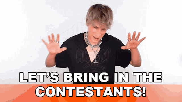 a man in a black ac dc t-shirt says let 's bring in the contestants !
